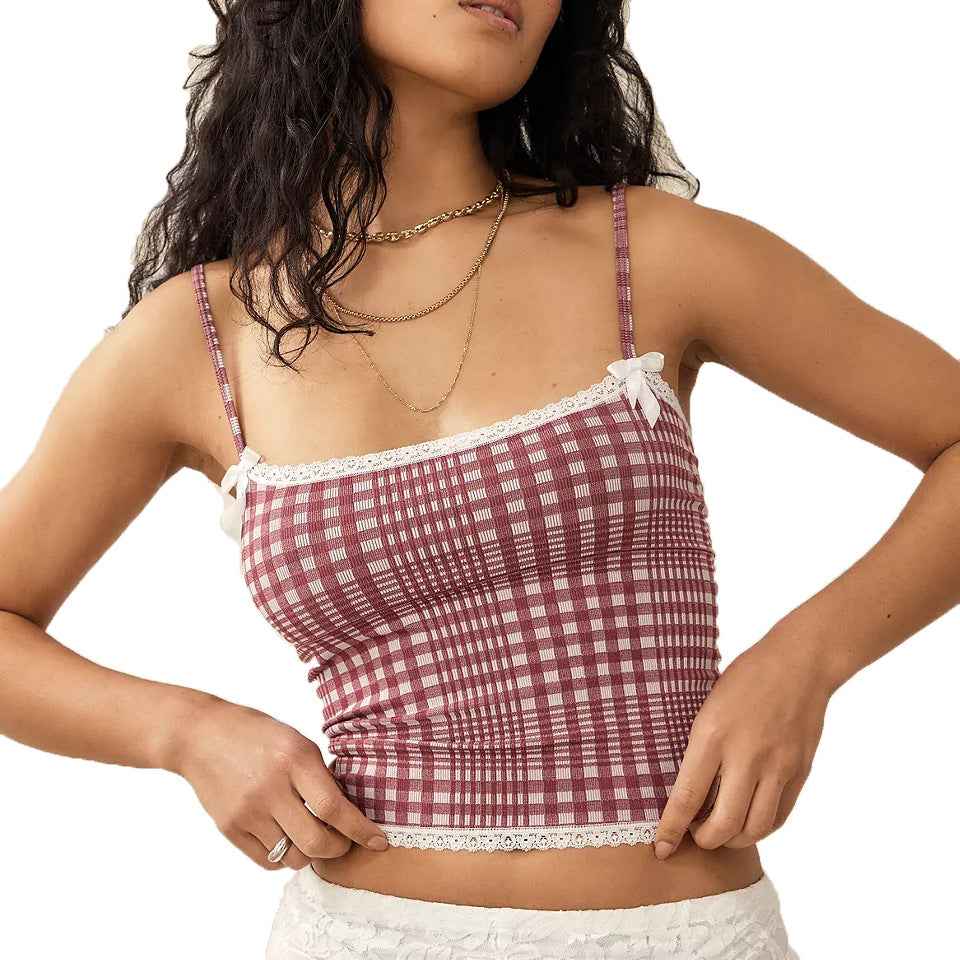 Summer Women Clothing Plaid Lace Sling Slim Fit Tank Top Sweet Spicy