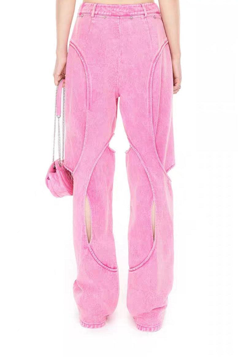 Autumn Hollow Out Cutout Out See Through Irregular Asymmetric Barbie Pink Denim Pants Casual Pants Women - ALZO