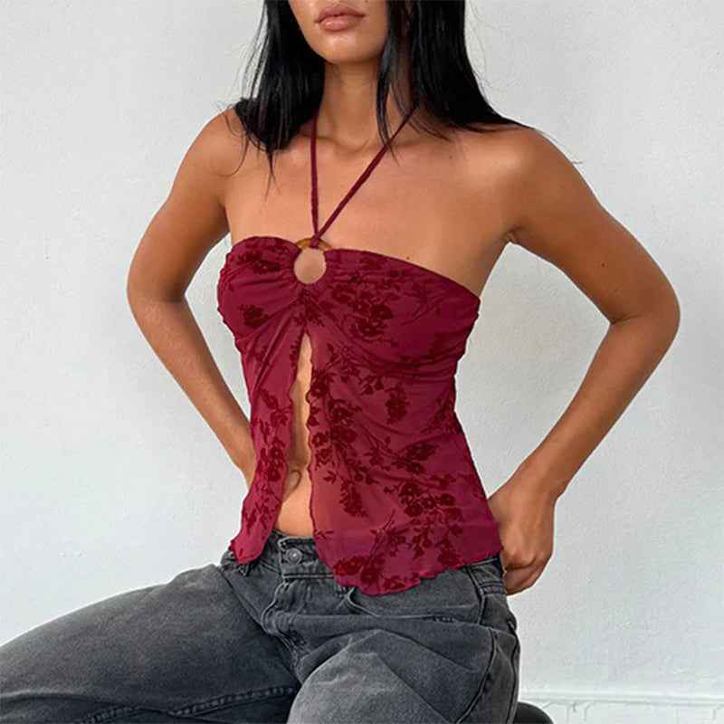 Sexy Top Spring Summer Flocking Vintage Printed Sexy Halterneck Vest