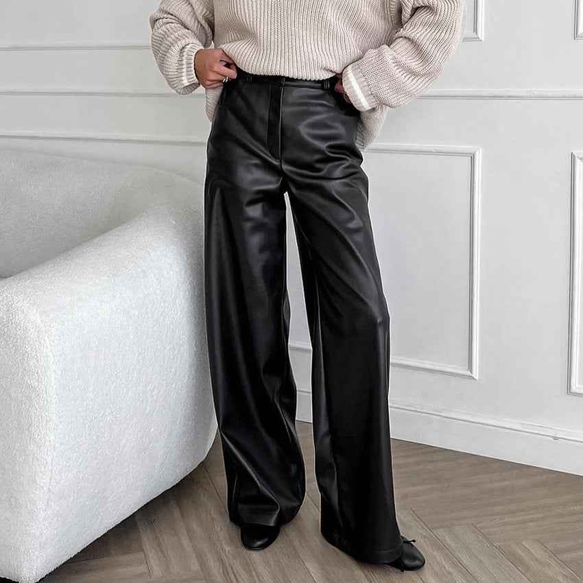 Fall French Vintage Fleece Lined Matte Leather Slim Fit Elegant Black High Waist Loose Office All Matching Trousers for Women