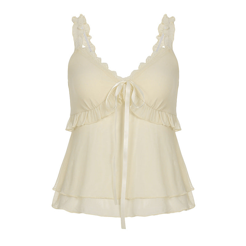 Women Clothing Solid Color Pleated Chest Sexy V neck Lace up Mesh Camisole Ruffle Top - ALZO