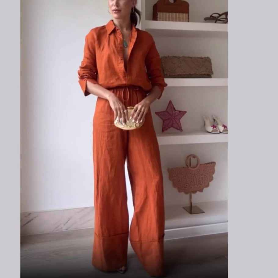 Solid Color Shirt Pocket Trousers Casual Lace up Two Piece Sets Women