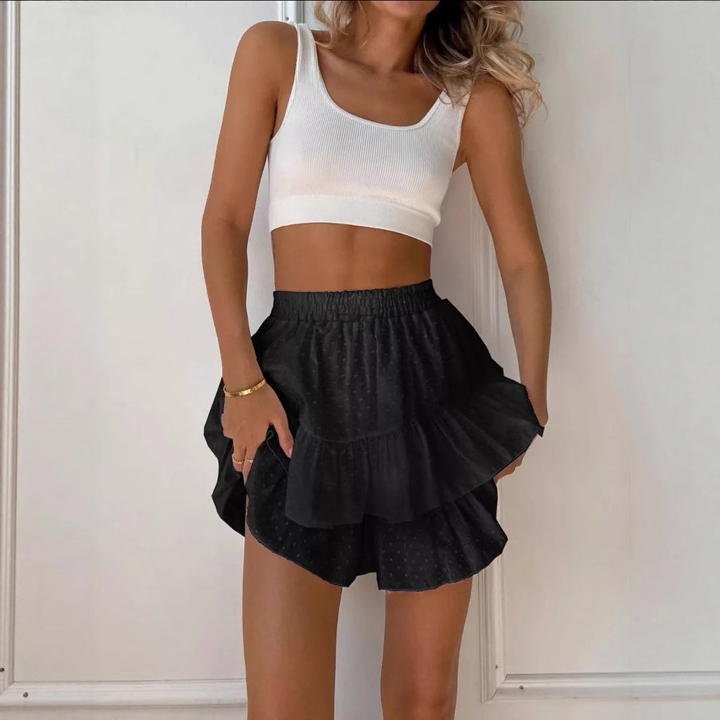 Spring Summer Women Clothing Solid Color High Waist Lace Design Sexy Tiered Dress Pantskirt - ALZO