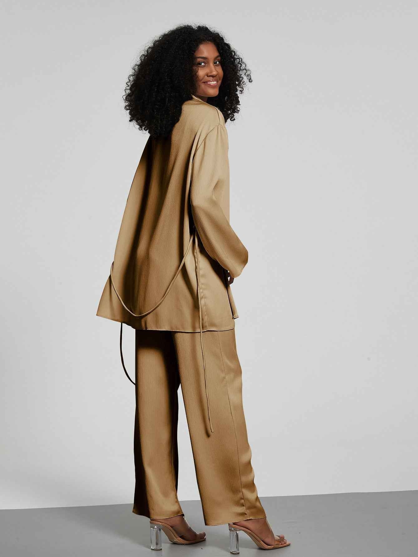 Women Clothing Two Piece Sets Collared Tied Tight Waist Pleated Coat Top Loose Trousers Autumn