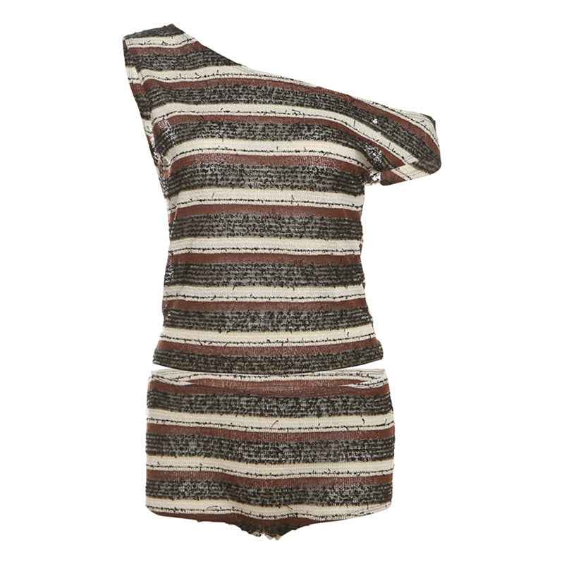 Summer Sexy Shoulder Striped Top Slim Fit Hip Raise Shorts Set Women