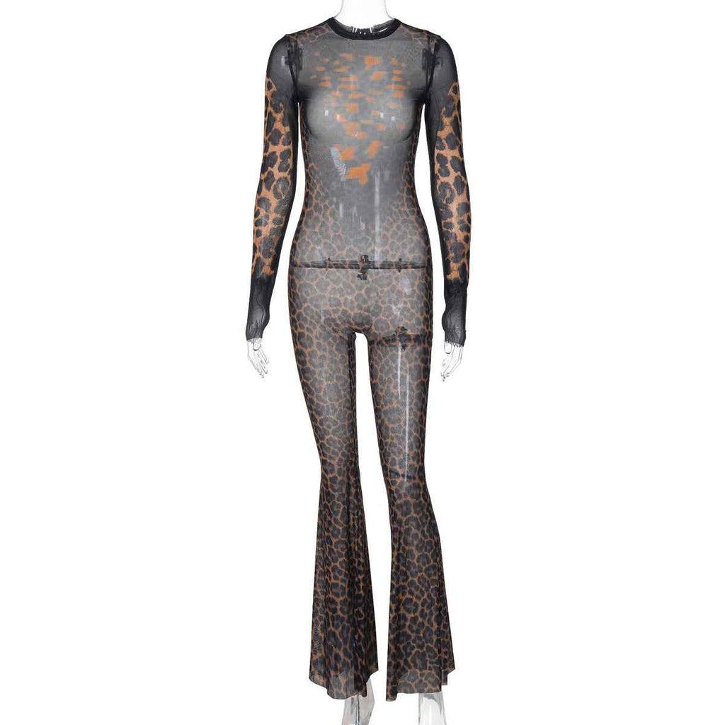 Mesh See through Sexy Jumpsuit Winter Long Sleeve Printed Flared Pants Women