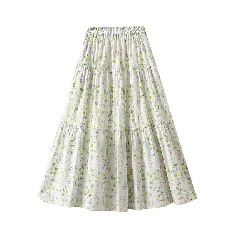 Sweet Floral Skirt Women Summer Series A line Elastic Waist Mid Length Big Hem Umbrella Skirt - ALZO
