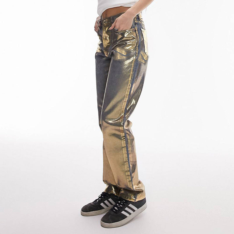 Metallic Coated Fabric Women Clothing Autumn Winter Street Bronzing Pocket Straight Denim Trousers - ALZO