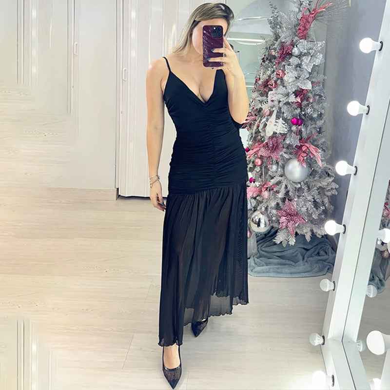 Summer Women Clothing V neck Brace Sexy Mesh Stitching Pleated Slim Fit Dress