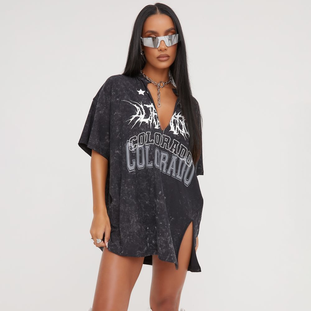 Sexy Deep V Plunge Sexy Worn Looking Washed out Casual Short Sleeve Loose Letter Graphic Print Slit Hemline at Hem Mid Length T shirt - ALZO
