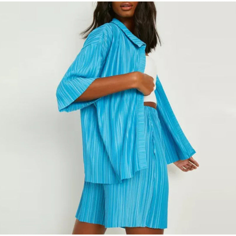 Spring Summer Pleated Shirt Short Sleeve Shorts Casual two piece set - ALZO
