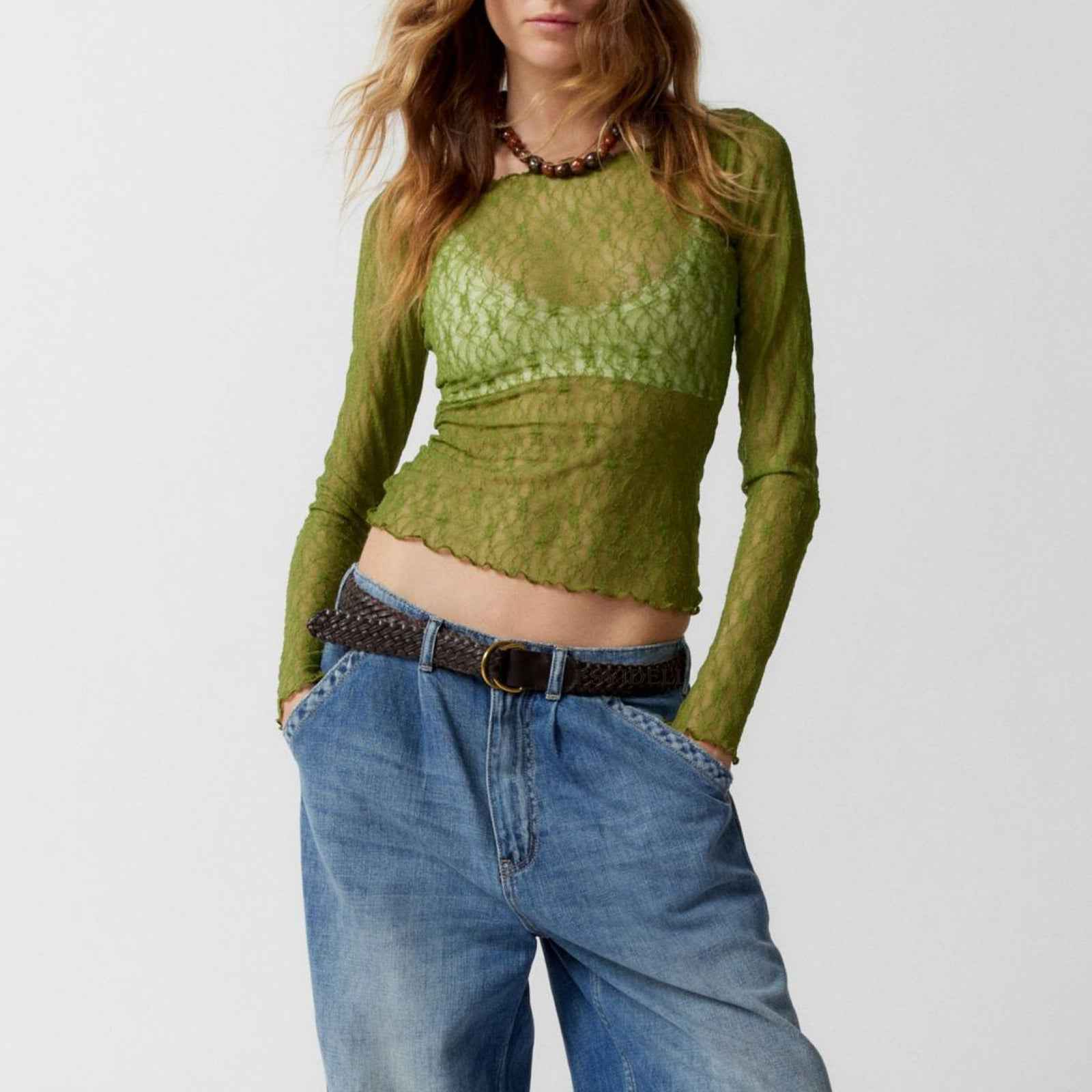 Sexy Transparent Lace Mesh T shirt Wave Edge Slightly Transparent Short Slim Outer Wear Top