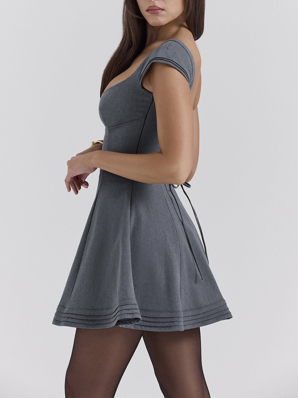 Spring Summer Sexy Slim Fit Backless Tied Dress French Square Neck Cinched Mini Drress - ALZO
