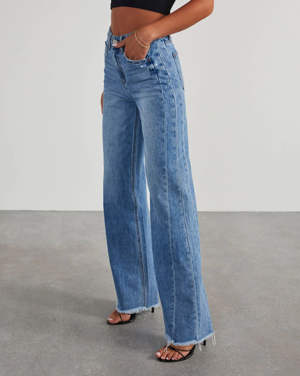 Loose Wide Leg Side Seam Stitching Frayed Hem Jeans Women - ALZO