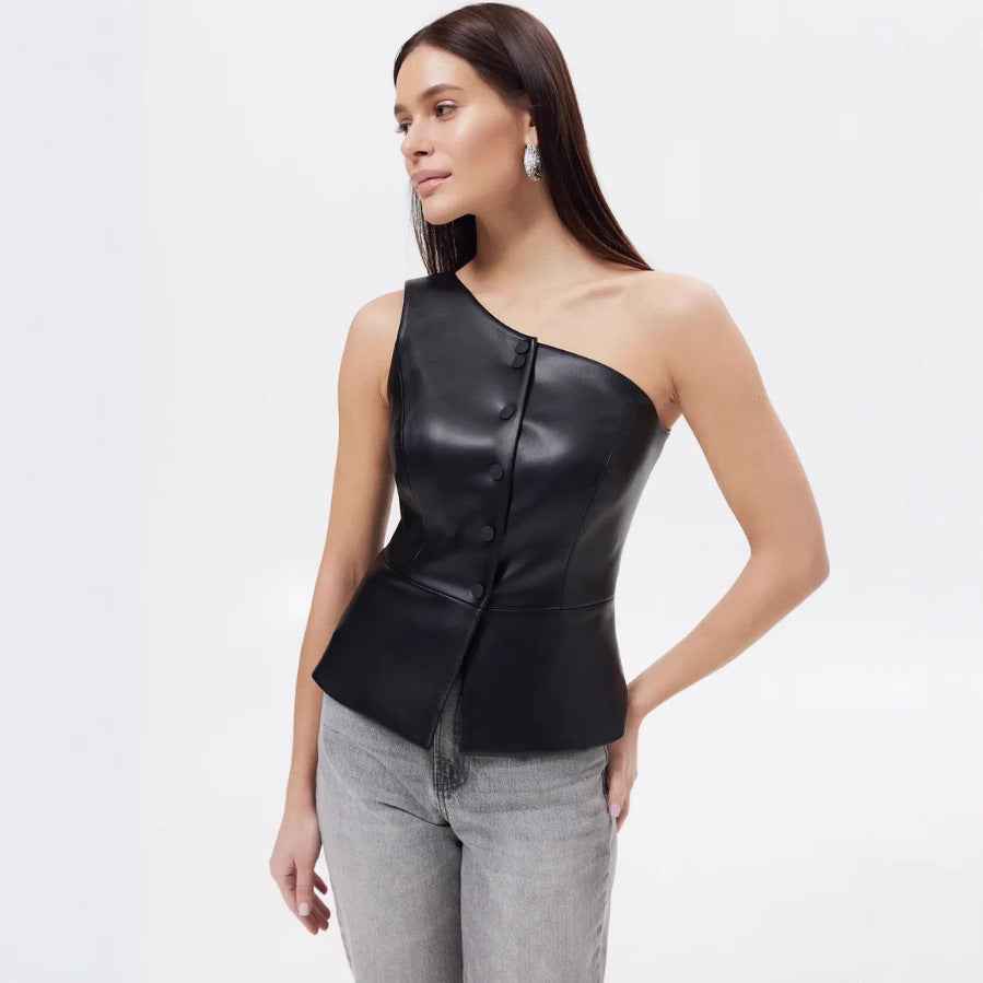 Summer Women Single Breasted Short Faux Leather Shoulder Sexy off Shoulder Vest