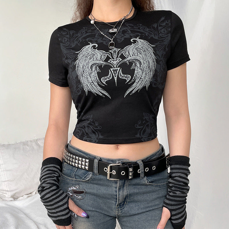 Sexy Abstract Printing Contrast Color Tight T shirt Summer Short Cropped Exposed Office Short Sleeve Top - ALZO