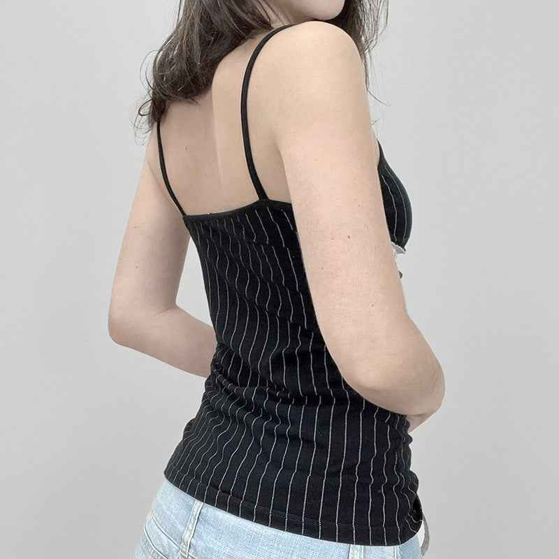 Personalized Black White Striped Lace V neck Patchwork Camisole Sexy Back Inner Wear Blouse