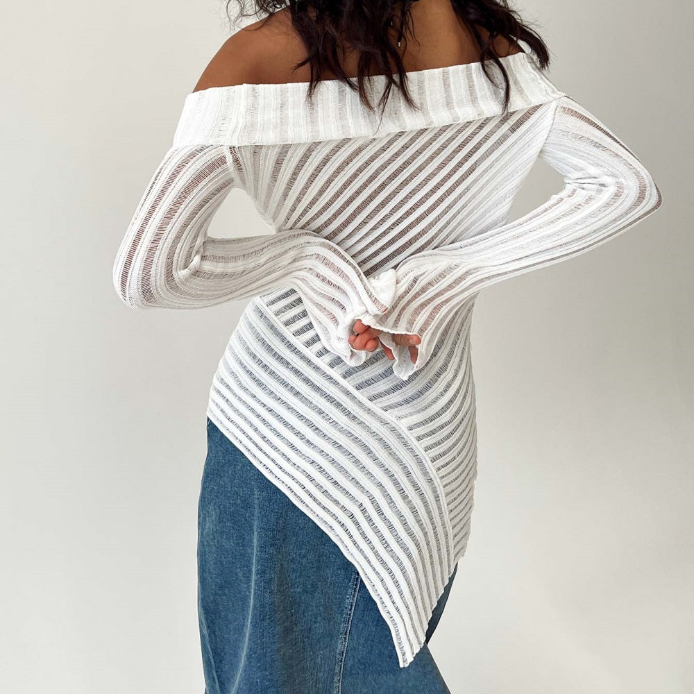 Fall French off the Shoulder Long Sleeve Design Knitted Woolen Slim Fit Outerwear Top Women - ALZO