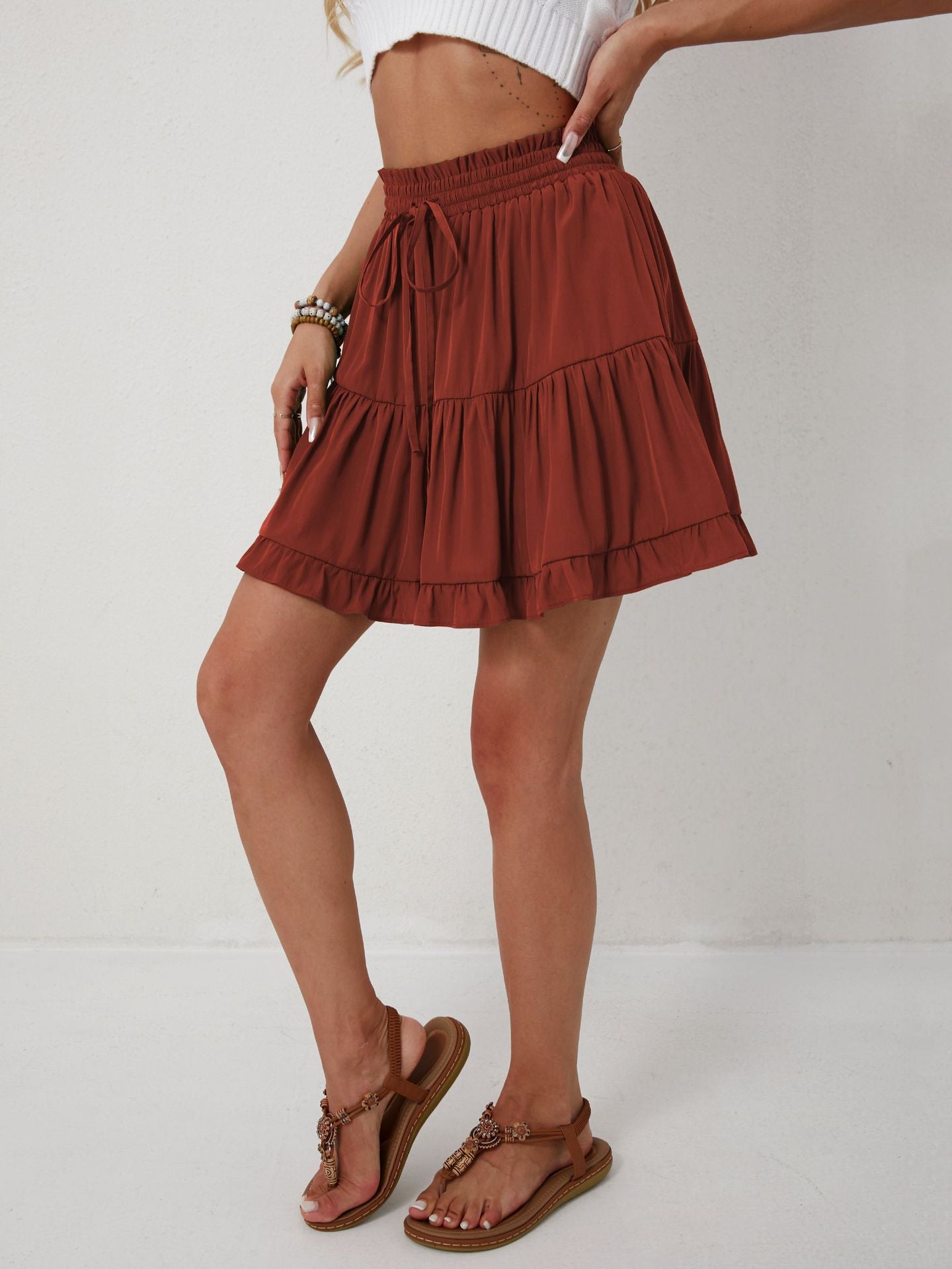 Women Clothing Drawstring Lace Skirt High Waist Elastic Pantskirt Beach All Matching Skirt Women - ALZO