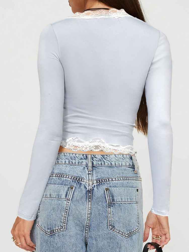 Spring Summer Women Clothing Sweet Spicy Slim Fit Lace Contrast Color V neck Long Sleeve Top