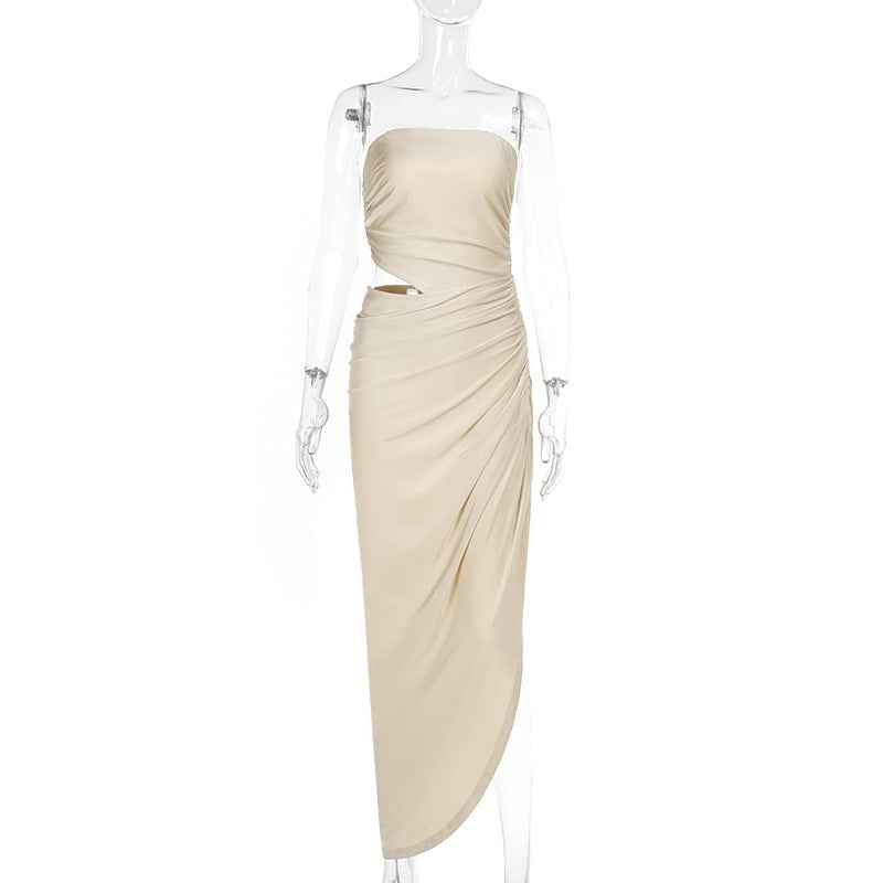 Spring Maxi Dress Elegant Slim Tube Top Hollow Out Cutout Pleated Dress