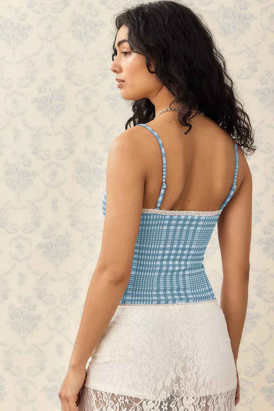 Summer Women Clothing Plaid Lace Sling Slim Fit Tank Top Sweet Spicy