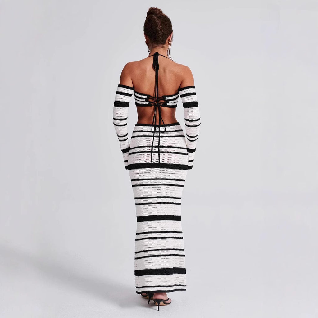 Sexy Women Summer Striped Long Sleeve Halter Top Skirt Two Piece Set for Women - ALZO