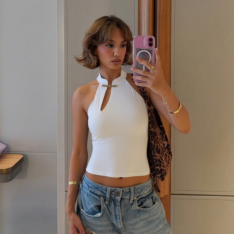 Spring Summer Women Clothing Personalized Stand Collar Open Solid Color Slim Fit Sexy Sleeveless T shirt Vest Women - ALZO