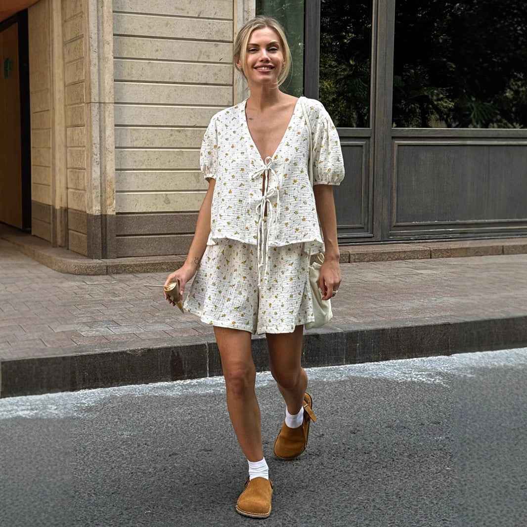 Cotton Print Short Sleeve Shorts Set Summer Lace up Puff Sleeve Loose Shorts Sets