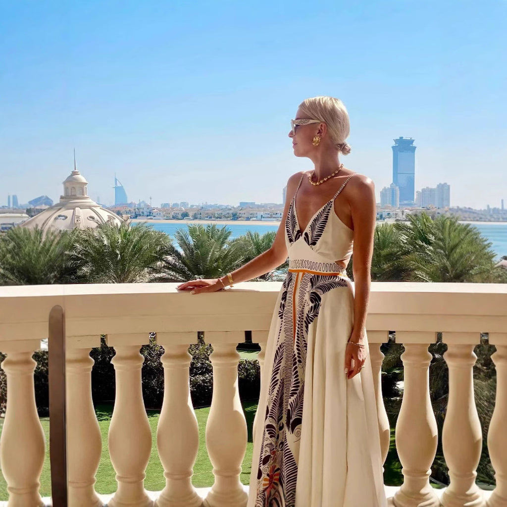 Summer Backless Self Tie Dress Printed V neck Elegant Dress - ALZO