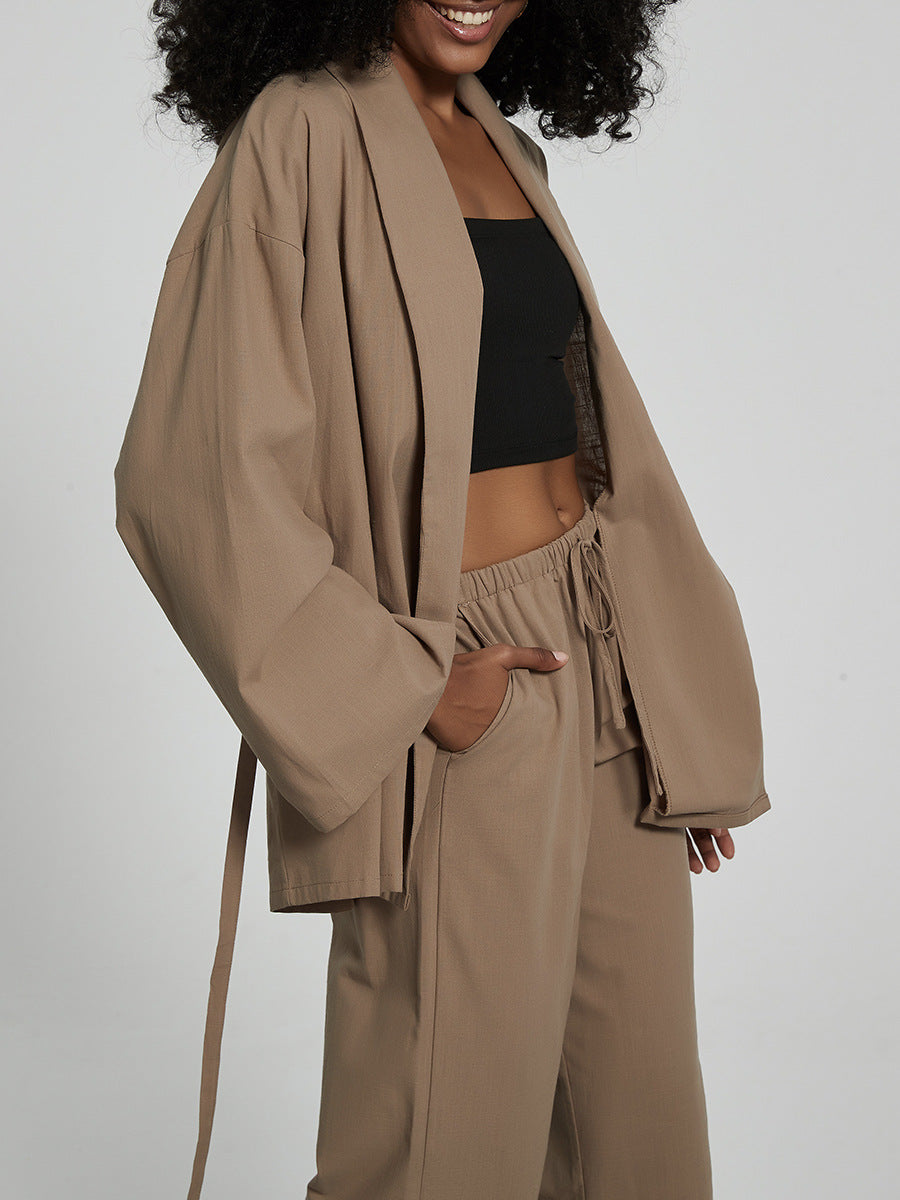 Women Clothing Casual Two Piece Sets Spring Autumn Kimono Lace up Top Pajamas Pants - ALZO