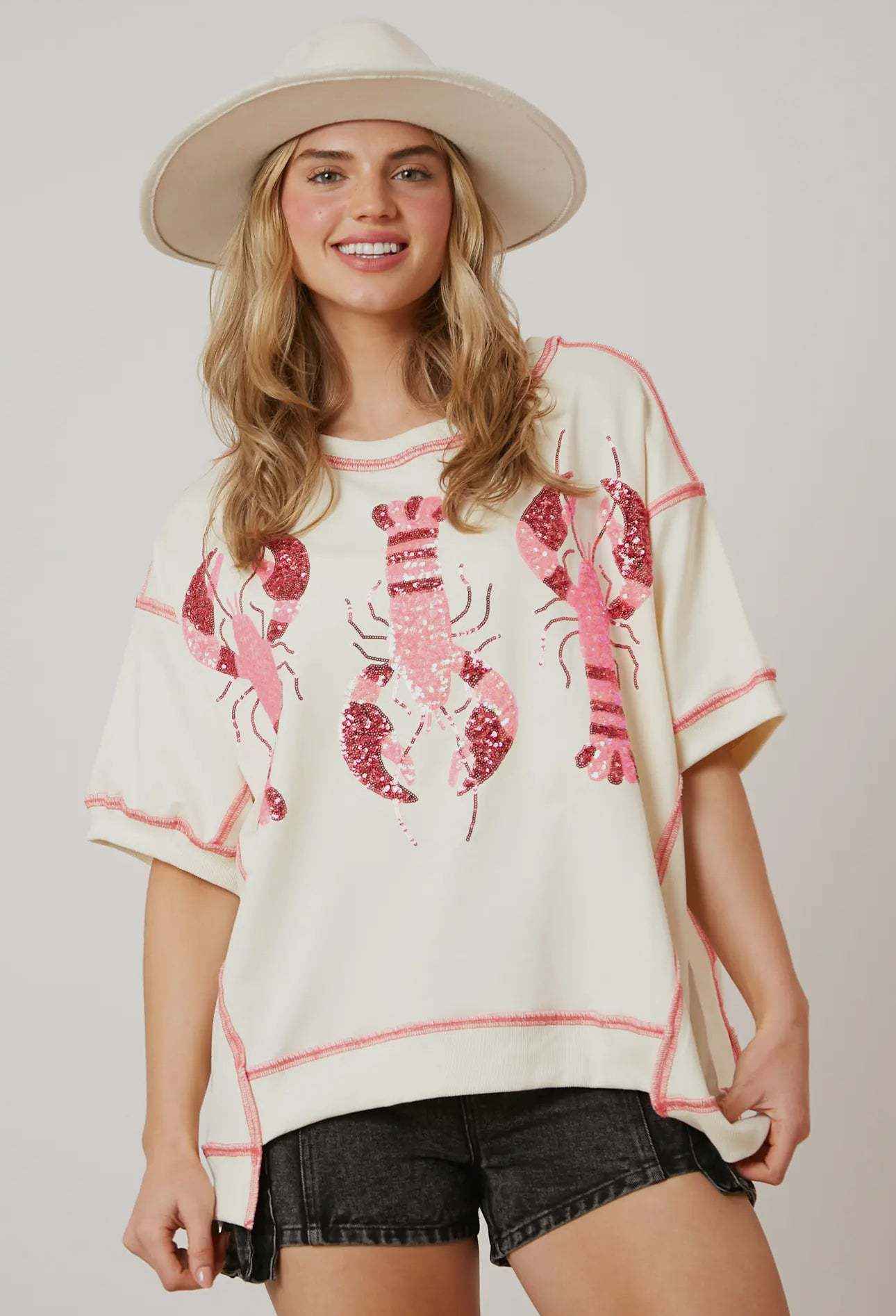 Summer Women Clothing Loose Casual Top Lobster Sequined T shirt Short Sleeve Women