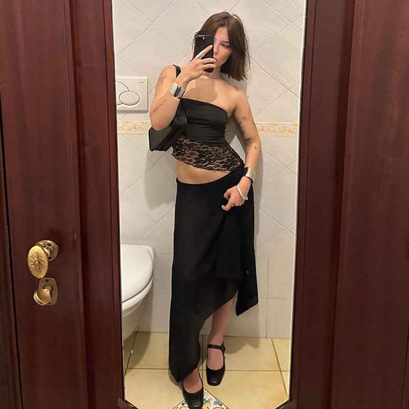 Sexy Tube Top Stitching Lace Beveled Slim Fit Sexy Strap Women Clothing