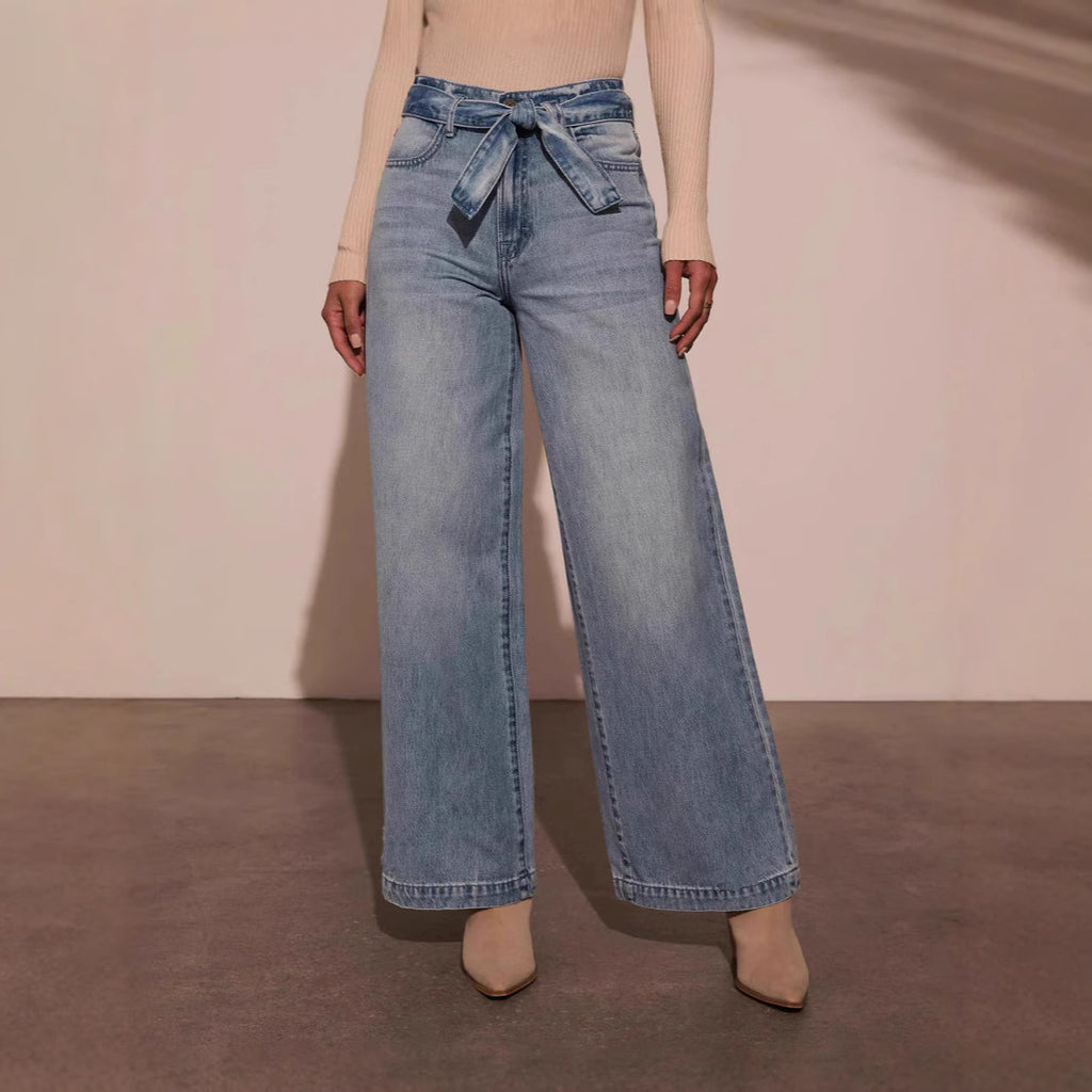 Women High Waist Lace up Washed Straight Wide Leg Jeans - ALZO