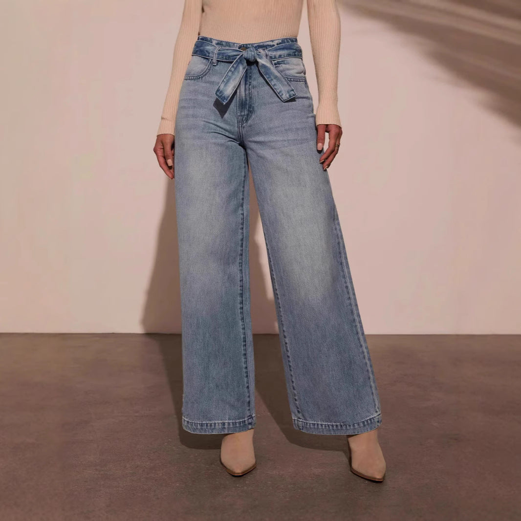 Women High Waist Lace up Washed Straight Wide Leg Jeans - ALZO