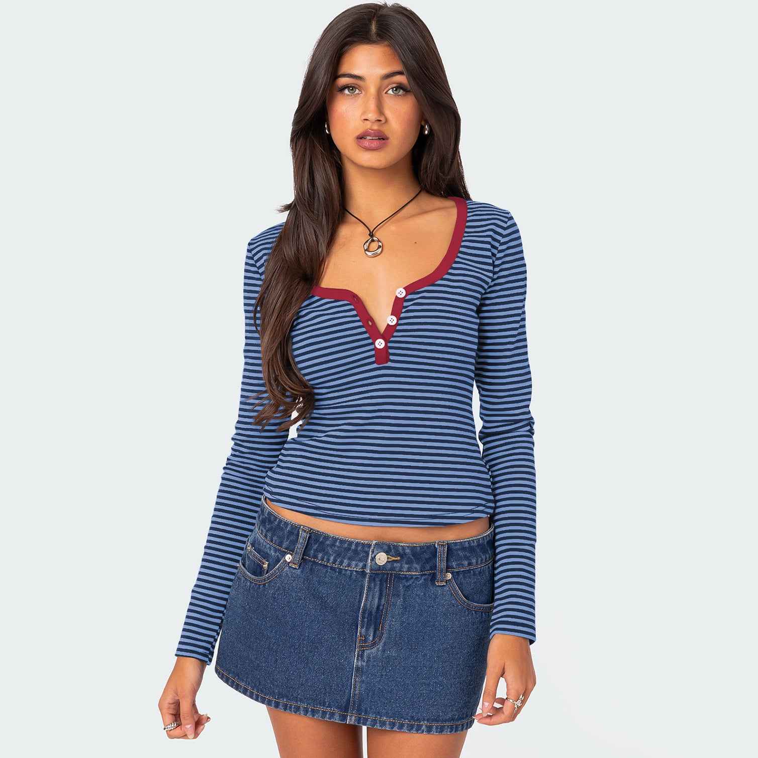 Contrast Color Striped Sweater Clothes Women Top Button Slim Fit Shoulder T shirt Pure Cotton