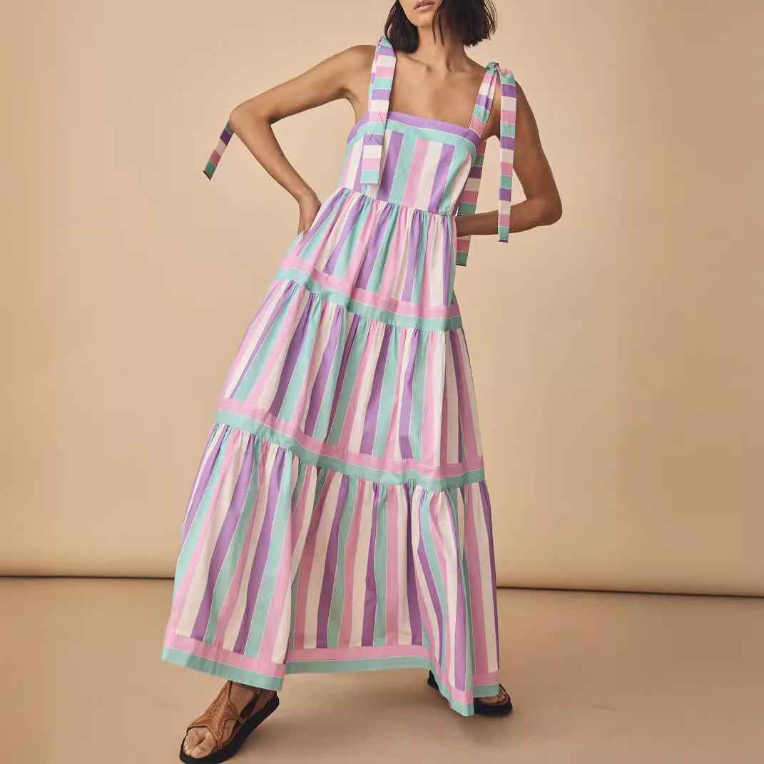 Sling Vacation Dress Double Shoulder Lace up Striped Contrast Color Dress Casual Color Matching Dress