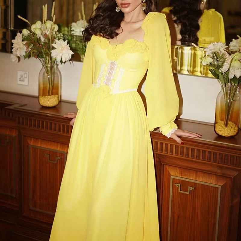 French Elegant Beautiful Dress Autumn Stitching Floral Design High Sense Dress Women