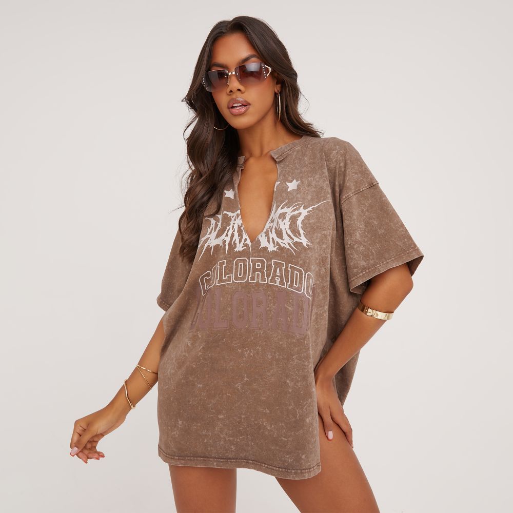 Sexy Deep V Plunge Sexy Worn Looking Washed out Casual Short Sleeve Loose Letter Graphic Print Slit Hemline at Hem Mid Length T shirt - ALZO