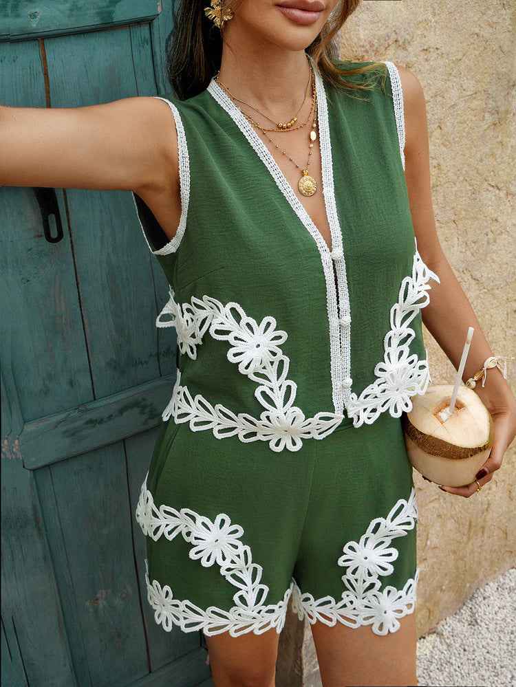 Spring Summer Casual Bohemian Vacation Contrast Color Vest Short Pants Two Pieces Set Women