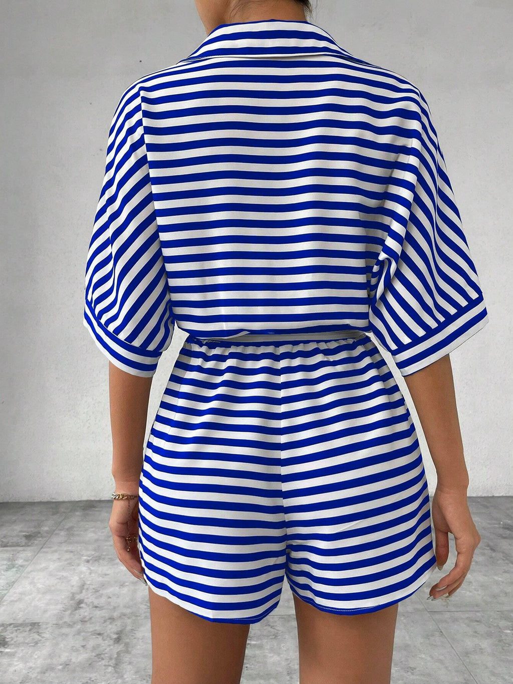 Summer Women Clothing Striped Collared Cardigan Button Half Sleeve Shorts Jumpsuit - ALZO