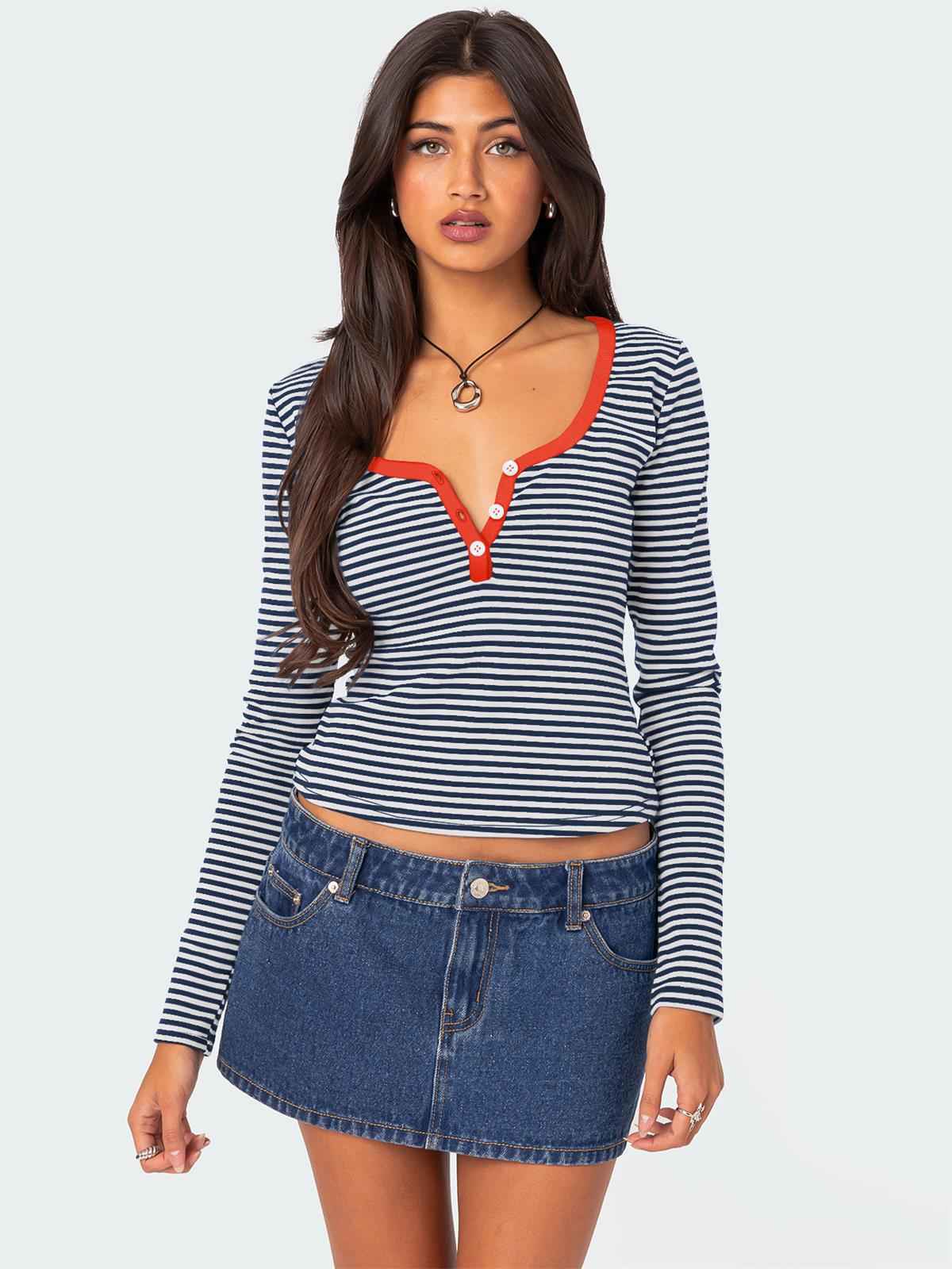 Contrast Color Striped Sweater Clothes Women Top Button Slim Fit Shoulder T shirt Pure Cotton