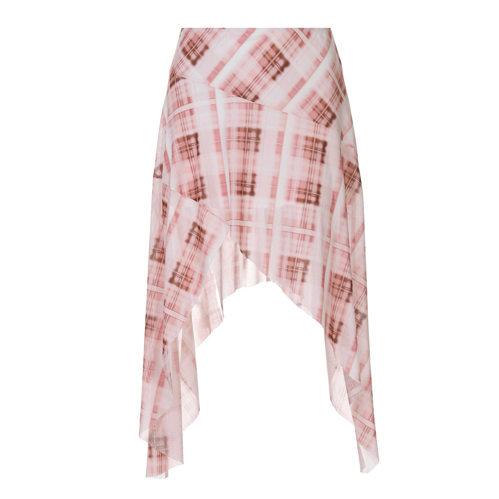 Women Clothing Summer Mesh Printed Checks Irregular Asymmetric Low Waist Sexy Skirt - ALZO