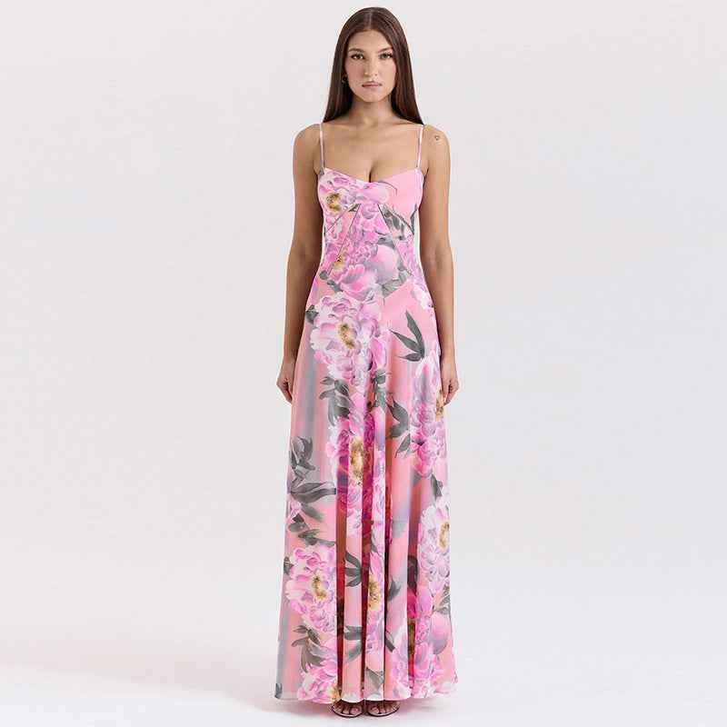 Spring Women Clothing French Sexy V neck Backless Slim Fit Floral Strap Dress