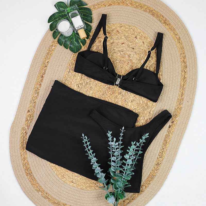 Black Swimsuit Bikini Three Piece Metal Ornament Split Half Skirt Swimsuit Women