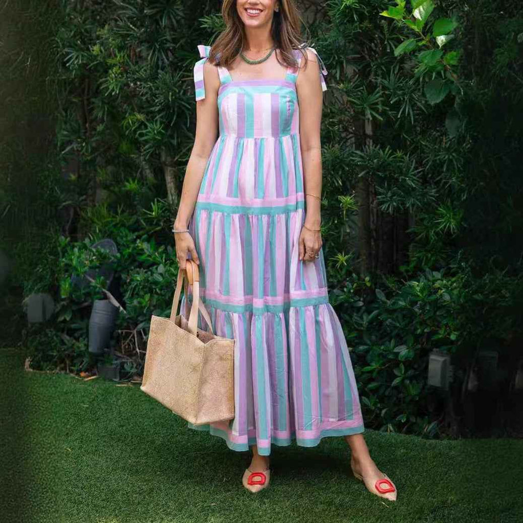 Sling Vacation Dress Double Shoulder Lace up Striped Contrast Color Dress Casual Color Matching Dress