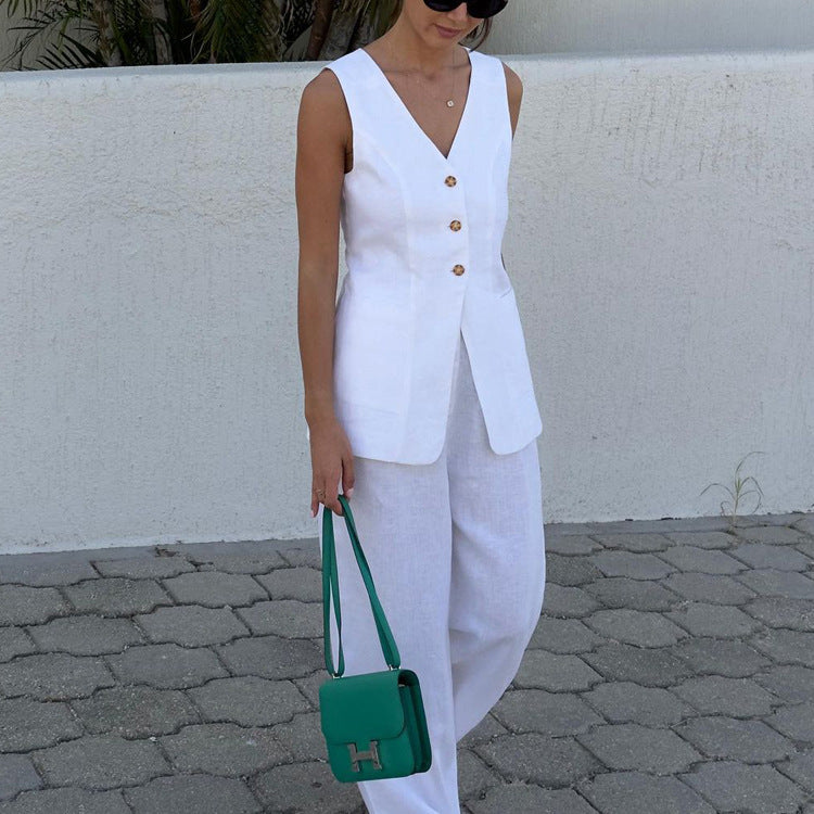 Cotton Waist Slim Vest Jacket Trousers Women Casual Two Piece Sets Women Clothing - ALZO