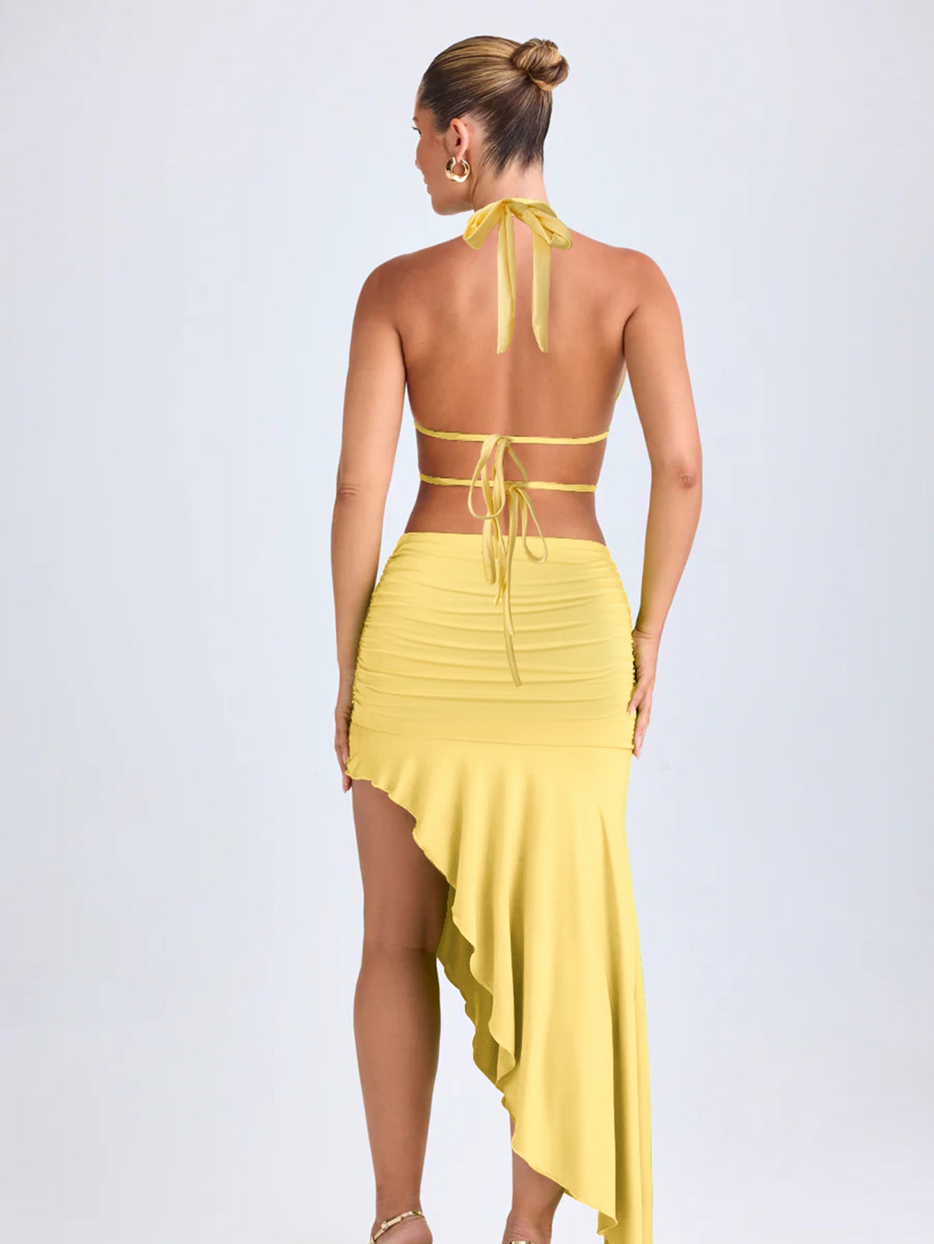 Irregular Asymmetric Women Pleated Tied Dress Autumn Winter Sexy Backless Hollow Out Cutout Hip Dress - ALZO