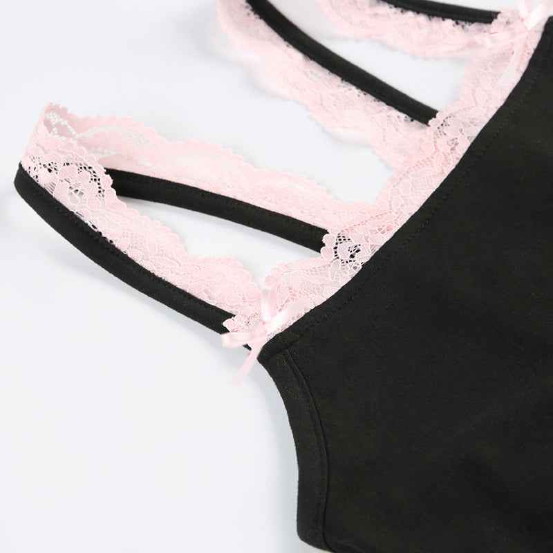 Contrast Color Lace Girl Sling Jumpsuit Summer Holiday Bow Stitching Square Collar Jumpsuit Shorts