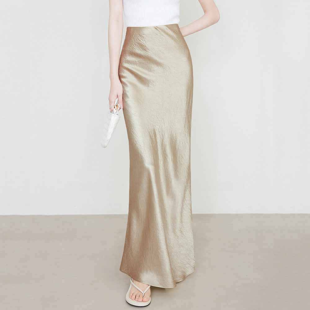 Women Clothing Summer Satin Skirt High Waist Elastic Hand-Held Pattern Long Skirt Elegant Solid Color Long Skirt